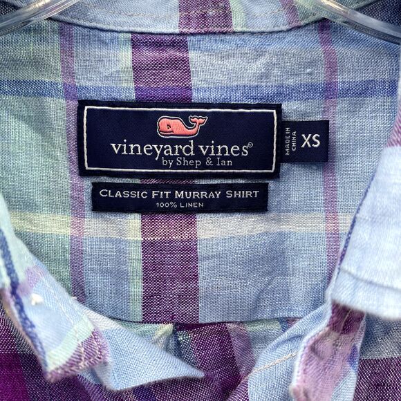 Vineyard Vines Shirt Men's XS Blue Plaid Classic Murray Linen Button Down Preppy - Picture 3 of 10